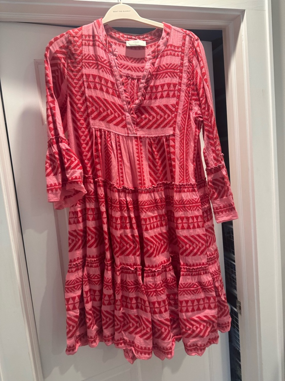Devotion TWINS Pink and Coral Red Long Sleeve Patterned Midi Dress
